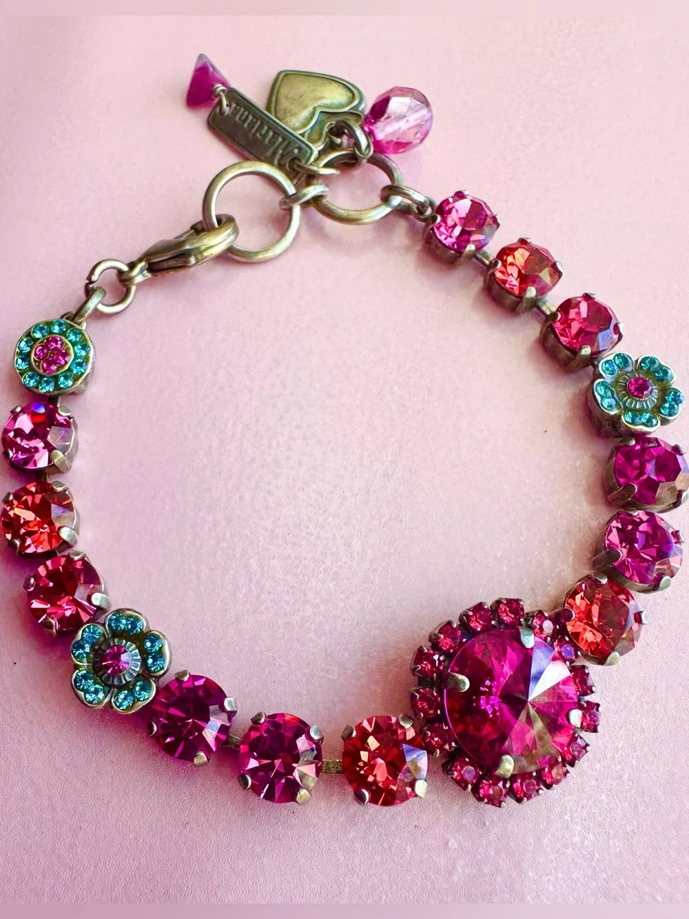 Mariana Rivoli Center Pink Crystal Bracelet with aquamarine flower clusters